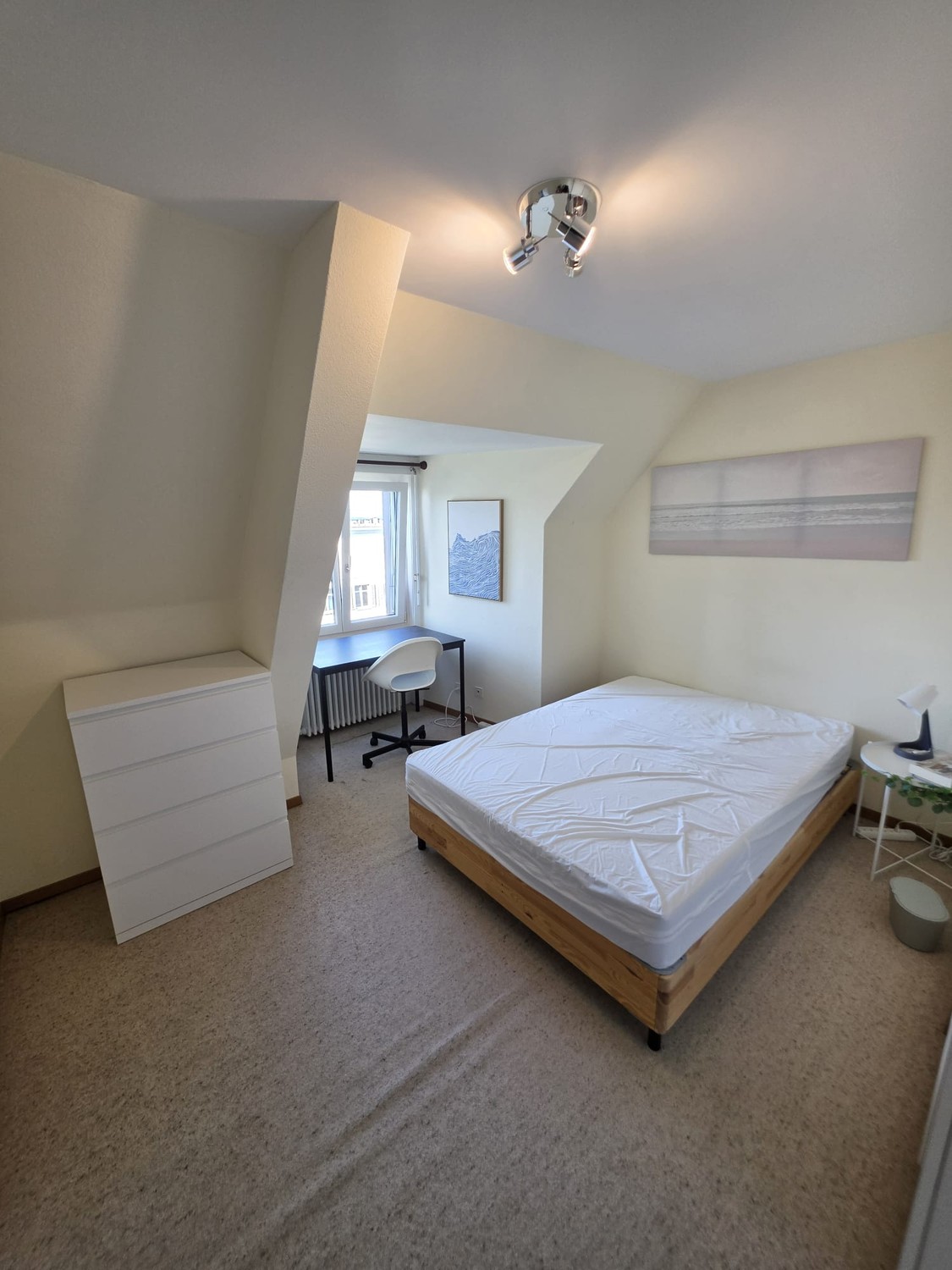 Chambre dans une colocation

La chambre est une suite super douillette avec une salle de bain privée dans une maison partagée. La chambre est louée meublée avec un lit, un bureau et une chaise, une armoire, une commode et une table de chevet, ainsi que quelques décorations qui donnent vie à la pièce