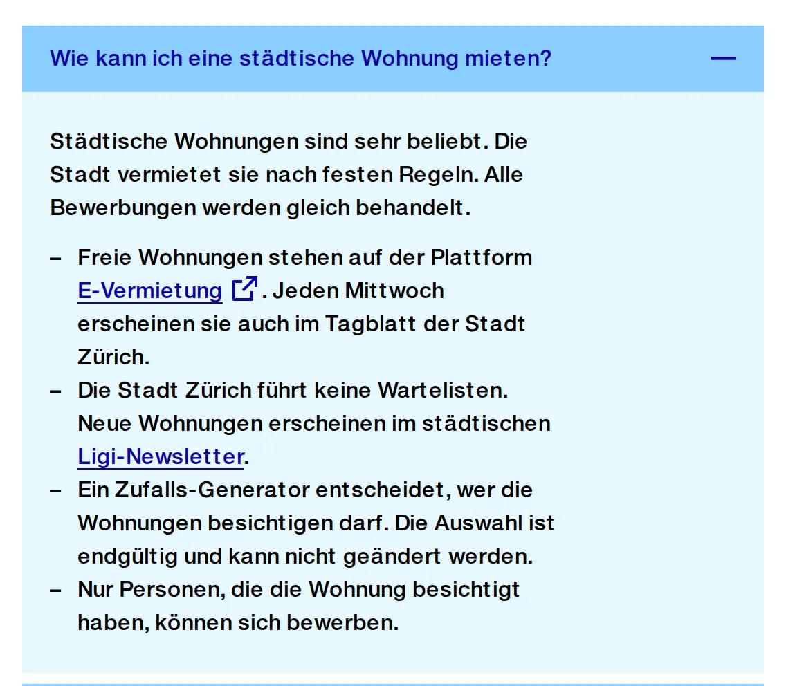Excerpt from the City of Zurich's page, in German: vacant flats are listed on E-Vermietung and every Wednesday in the Tagblatt, there are no waiting lists, a random draw decides who may view, and only those who viewed can apply